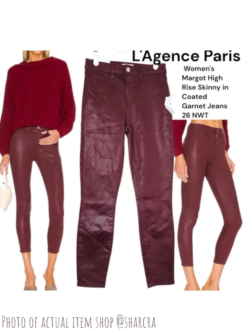 L'Agence Paris Women's Margot High Rise Skinny Coated Jeans Maroon Garnet Sz 26